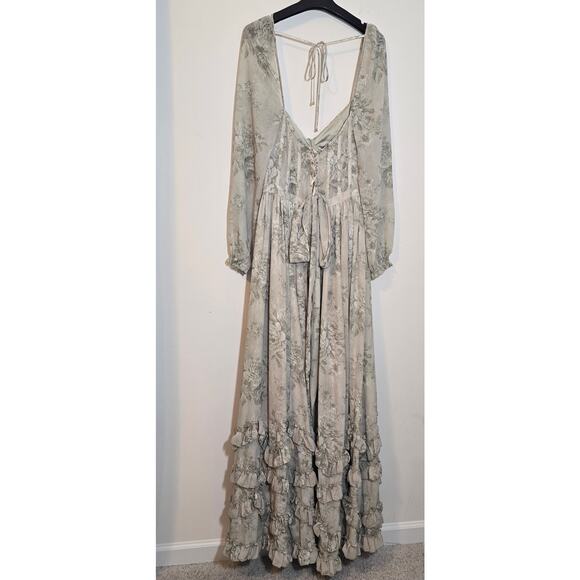 V. Chapman Sage Tapestry Carmella Long Sleeve Corset Chiffon Maxi Dress - Picture 5 of 15